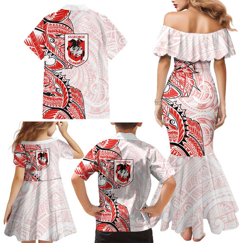 St George Illawarra Dragons Family Matching Mermaid Dress and Hawaiian Shirt Polynesian Tribal Tattoo Pacific Sport Art