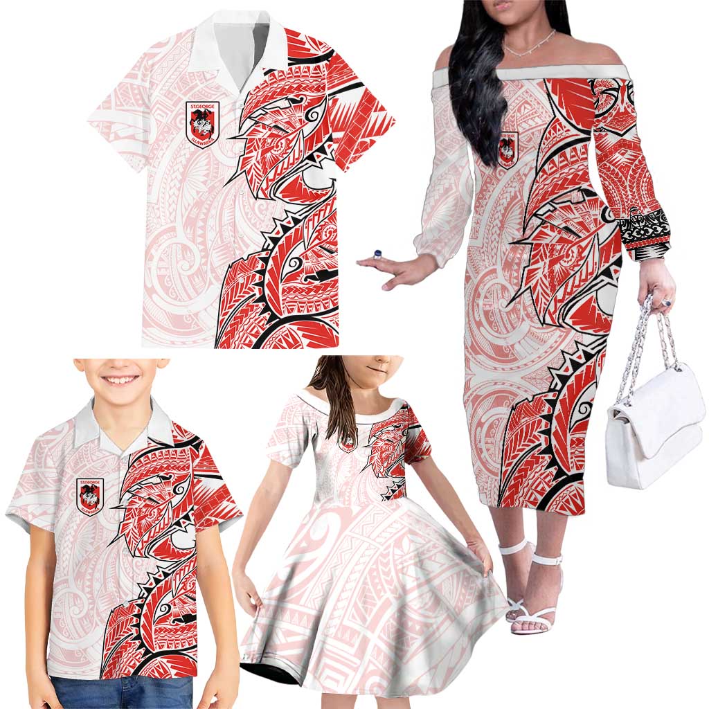 St George Illawarra Dragons Family Matching Off The Shoulder Long Sleeve Dress and Hawaiian Shirt Polynesian Tribal Tattoo Pacific Sport Art