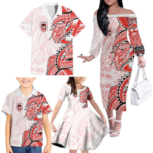 St George Illawarra Dragons Family Matching Off The Shoulder Long Sleeve Dress and Hawaiian Shirt Polynesian Tribal Tattoo Pacific Sport Art