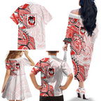 St George Illawarra Dragons Family Matching Off The Shoulder Long Sleeve Dress and Hawaiian Shirt Polynesian Tribal Tattoo Pacific Sport Art
