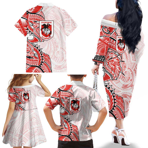 St George Illawarra Dragons Family Matching Off The Shoulder Long Sleeve Dress and Hawaiian Shirt Polynesian Tribal Tattoo Pacific Sport Art