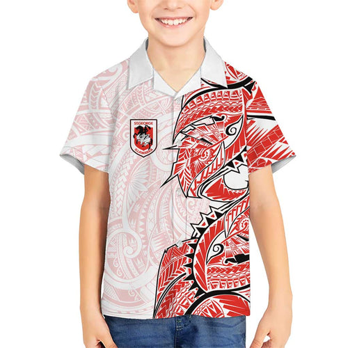 St George Illawarra Dragons Family Matching Off The Shoulder Long Sleeve Dress and Hawaiian Shirt Polynesian Tribal Tattoo Pacific Sport Art