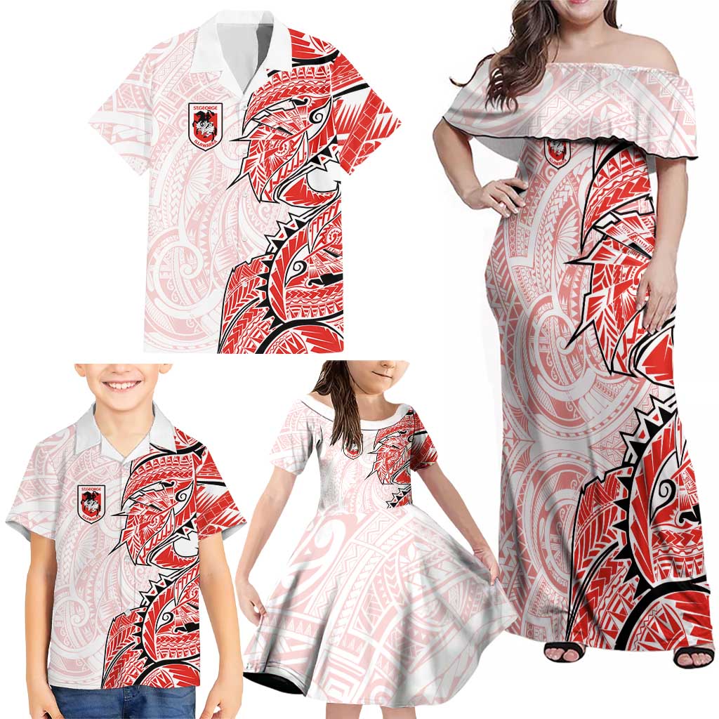 St George Illawarra Dragons Family Matching Off Shoulder Maxi Dress and Hawaiian Shirt Polynesian Tribal Tattoo Pacific Sport Art