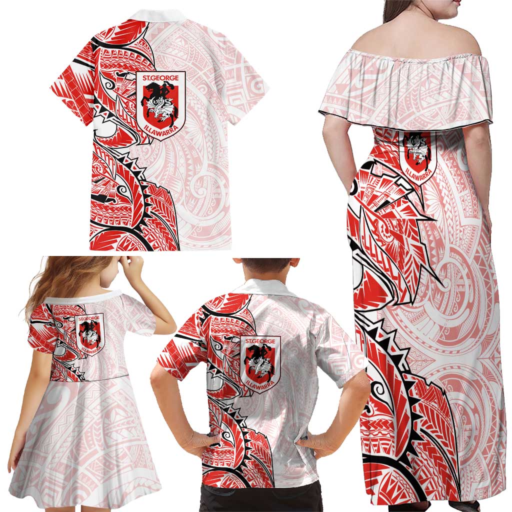 St George Illawarra Dragons Family Matching Off Shoulder Maxi Dress and Hawaiian Shirt Polynesian Tribal Tattoo Pacific Sport Art