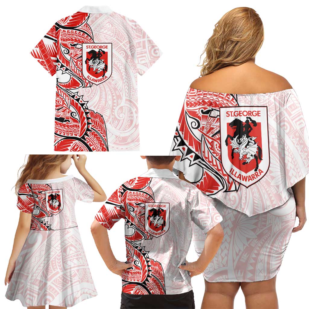 St George Illawarra Dragons Family Matching Off Shoulder Short Dress and Hawaiian Shirt Polynesian Tribal Tattoo Pacific Sport Art