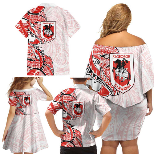 St George Illawarra Dragons Family Matching Off Shoulder Short Dress and Hawaiian Shirt Polynesian Tribal Tattoo Pacific Sport Art