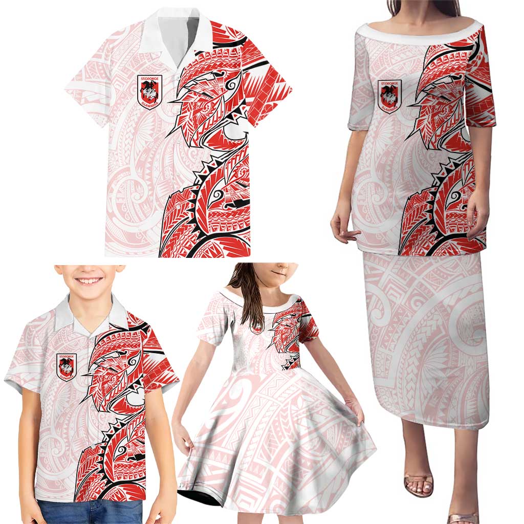 St George Illawarra Dragons Family Matching Puletasi and Hawaiian Shirt Polynesian Tribal Tattoo Pacific Sport Art