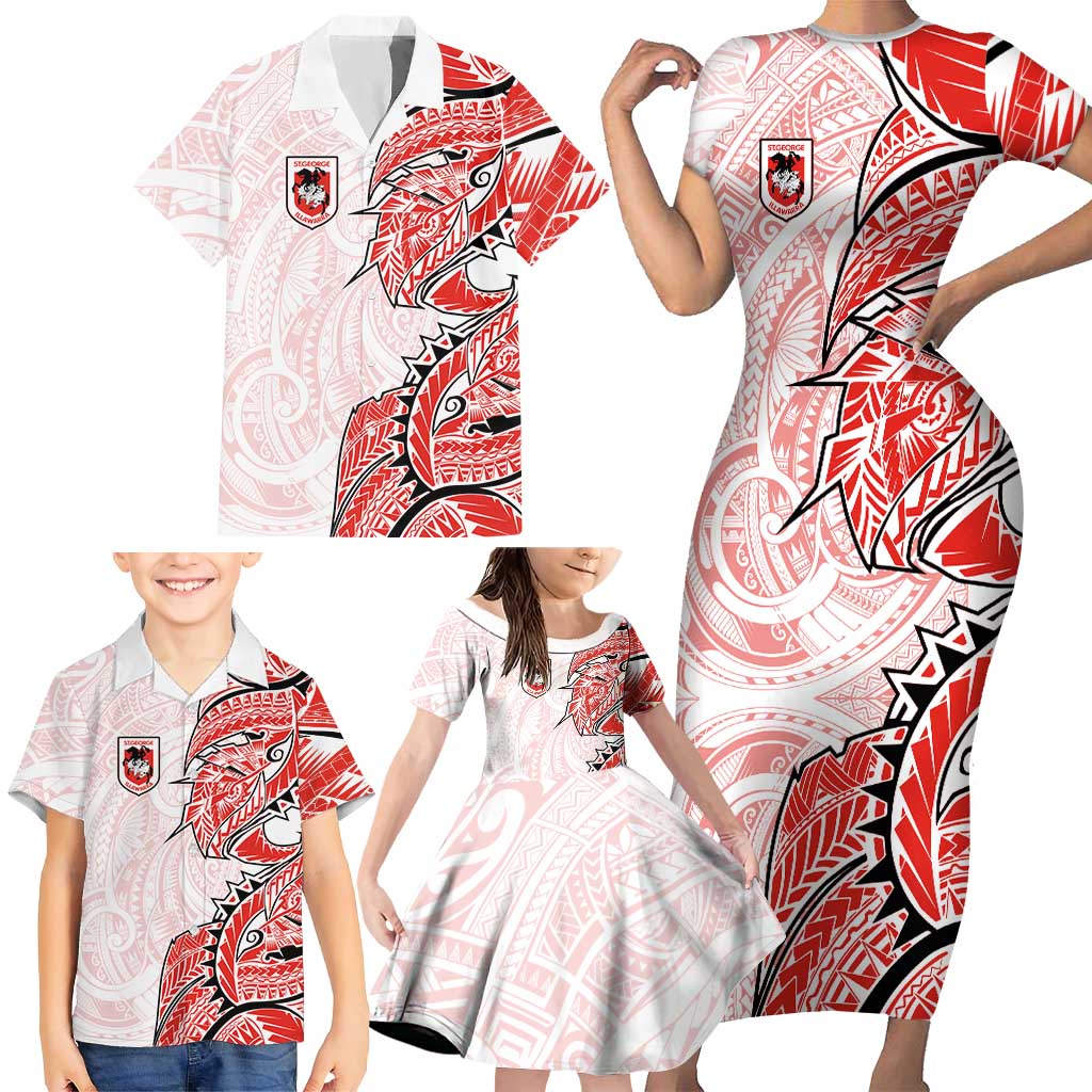 St George Illawarra Dragons Family Matching Short Sleeve Bodycon Dress and Hawaiian Shirt Polynesian Tribal Tattoo Pacific Sport Art
