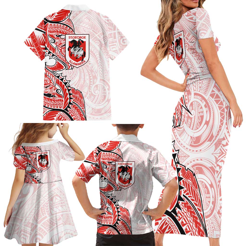 St George Illawarra Dragons Family Matching Short Sleeve Bodycon Dress and Hawaiian Shirt Polynesian Tribal Tattoo Pacific Sport Art