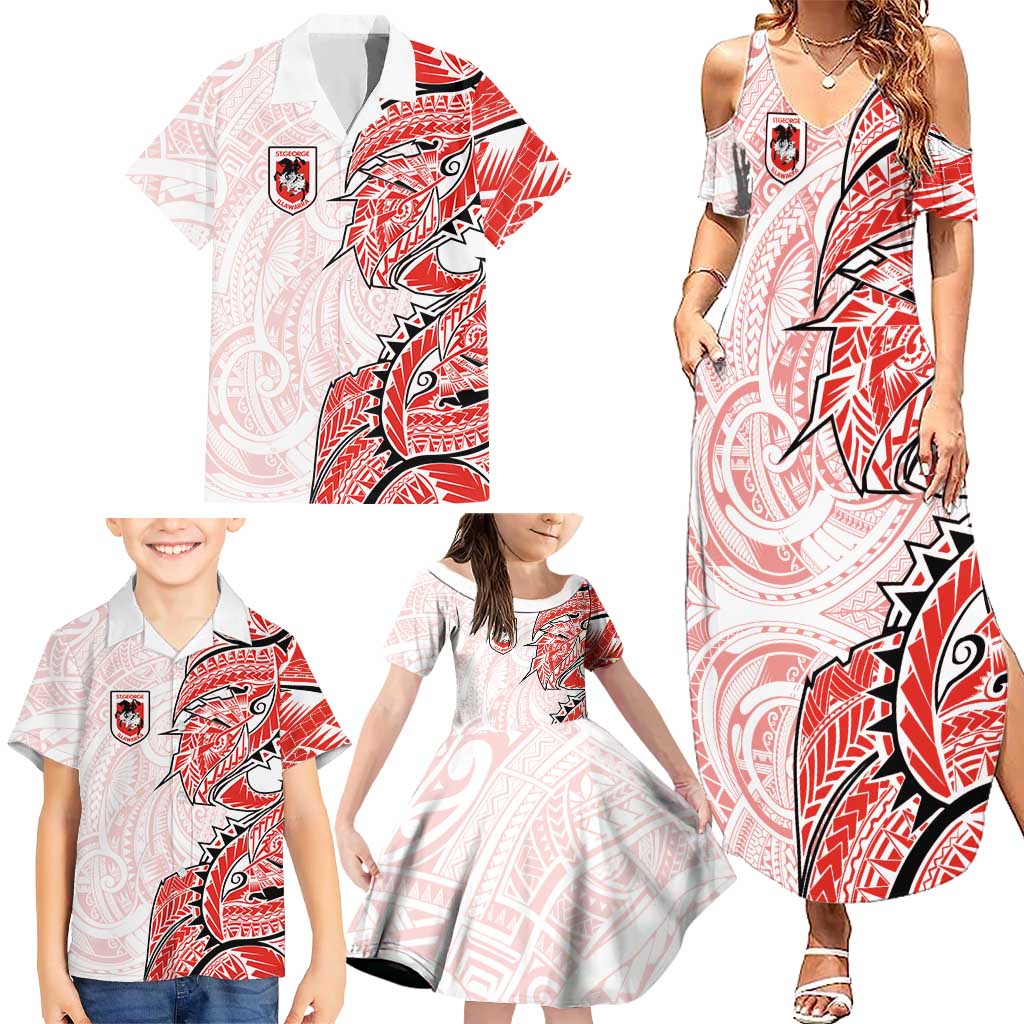 St George Illawarra Dragons Family Matching Summer Maxi Dress and Hawaiian Shirt Polynesian Tribal Tattoo Pacific Sport Art