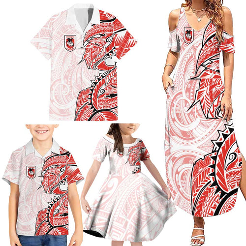 St George Illawarra Dragons Family Matching Summer Maxi Dress and Hawaiian Shirt Polynesian Tribal Tattoo Pacific Sport Art