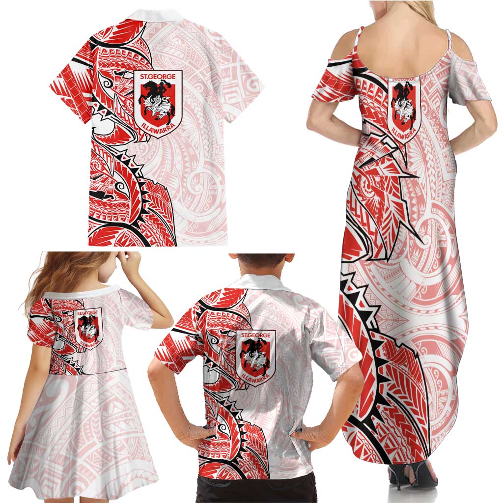 St George Illawarra Dragons Family Matching Summer Maxi Dress and Hawaiian Shirt Polynesian Tribal Tattoo Pacific Sport Art