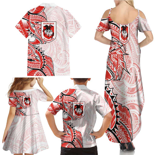 St George Illawarra Dragons Family Matching Summer Maxi Dress and Hawaiian Shirt Polynesian Tribal Tattoo Pacific Sport Art