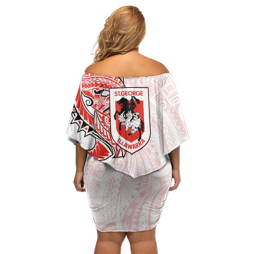 St George Illawarra Dragons Off Shoulder Short Dress Polynesian Tribal Tattoo Pacific Sport Art