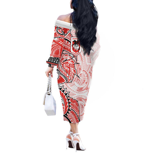 St George Illawarra Dragons Off The Shoulder Long Sleeve Dress Polynesian Tribal Tattoo Pacific Sport Art
