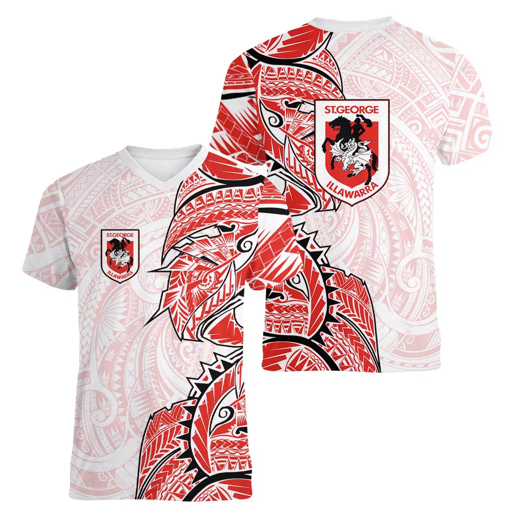 St George Illawarra Dragons Women V-Neck T-Shirt Polynesian Tribal Tattoo Pacific Sport Art