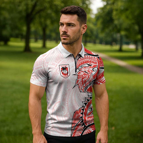 St George Illawarra Dragons Zipper Polo Shirt Polynesian Tribal Tattoo Pacific Sport Art