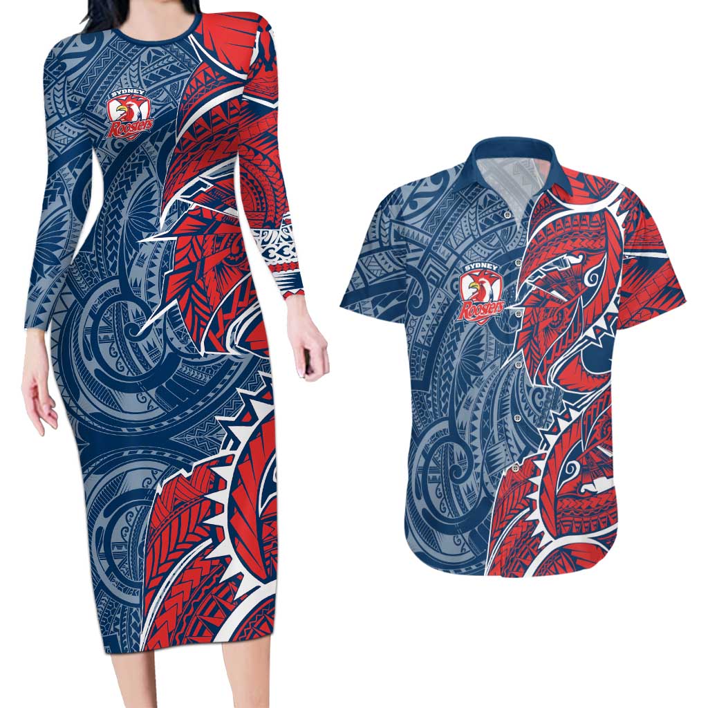 Sydney Roosters Couples Matching Long Sleeve Bodycon Dress and Hawaiian Shirt Polynesian Tribal Tattoo Pacific Sport Art