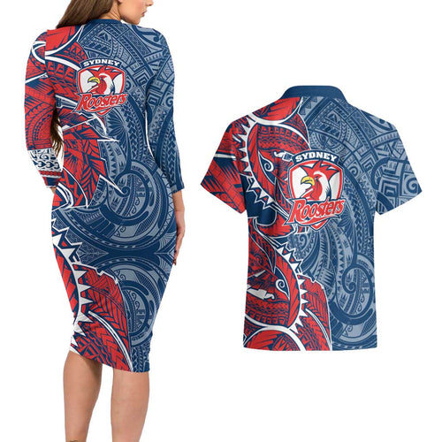 Sydney Roosters Couples Matching Long Sleeve Bodycon Dress and Hawaiian Shirt Polynesian Tribal Tattoo Pacific Sport Art