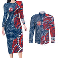 Sydney Roosters Couples Matching Long Sleeve Bodycon Dress and Long Sleeve Button Shirt Polynesian Tribal Tattoo Pacific Sport Art