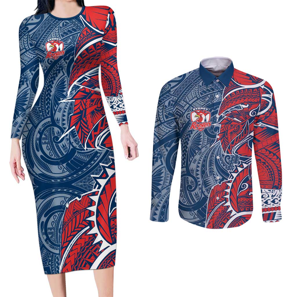 Sydney Roosters Couples Matching Long Sleeve Bodycon Dress and Long Sleeve Button Shirt Polynesian Tribal Tattoo Pacific Sport Art
