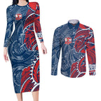 Sydney Roosters Couples Matching Long Sleeve Bodycon Dress and Long Sleeve Button Shirt Polynesian Tribal Tattoo Pacific Sport Art