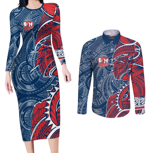Sydney Roosters Couples Matching Long Sleeve Bodycon Dress and Long Sleeve Button Shirt Polynesian Tribal Tattoo Pacific Sport Art
