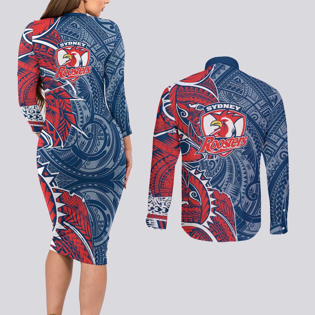 Sydney Roosters Couples Matching Long Sleeve Bodycon Dress and Long Sleeve Button Shirt Polynesian Tribal Tattoo Pacific Sport Art