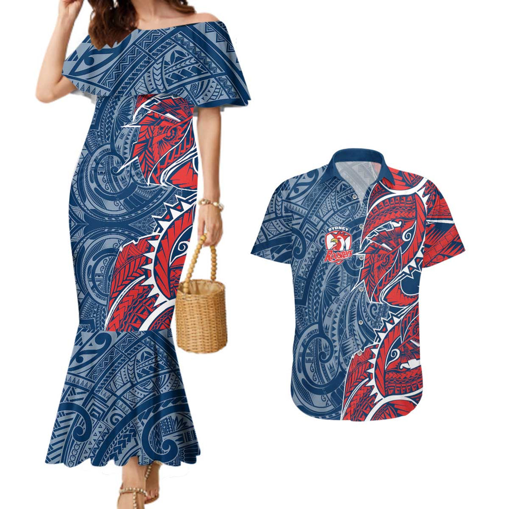 Sydney Roosters Couples Matching Mermaid Dress and Hawaiian Shirt Polynesian Tribal Tattoo Pacific Sport Art