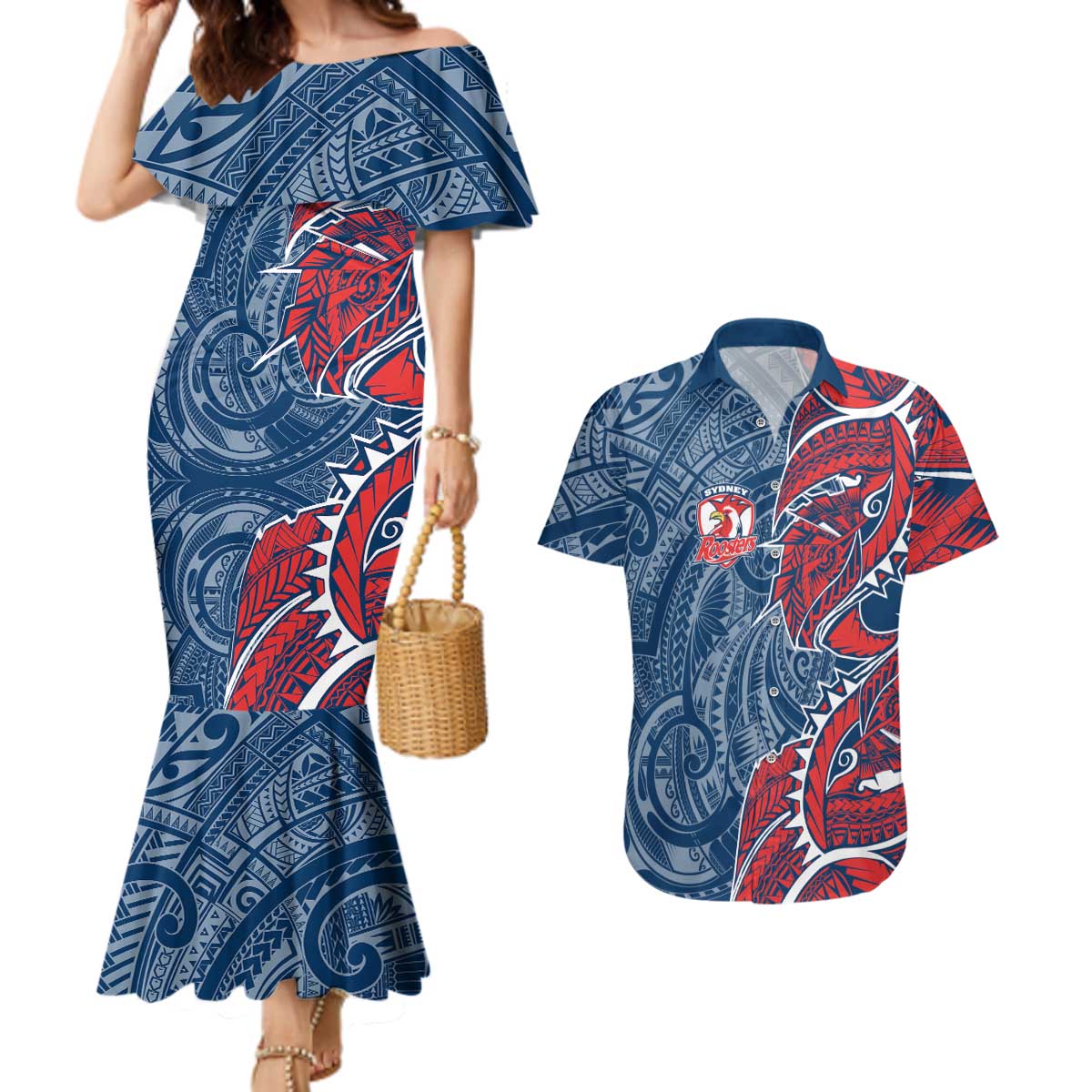Sydney Roosters Couples Matching Mermaid Dress and Hawaiian Shirt Polynesian Tribal Tattoo Pacific Sport Art