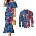 Sydney Roosters Couples Matching Mermaid Dress and Long Sleeve Button Shirt Polynesian Tribal Tattoo Pacific Sport Art