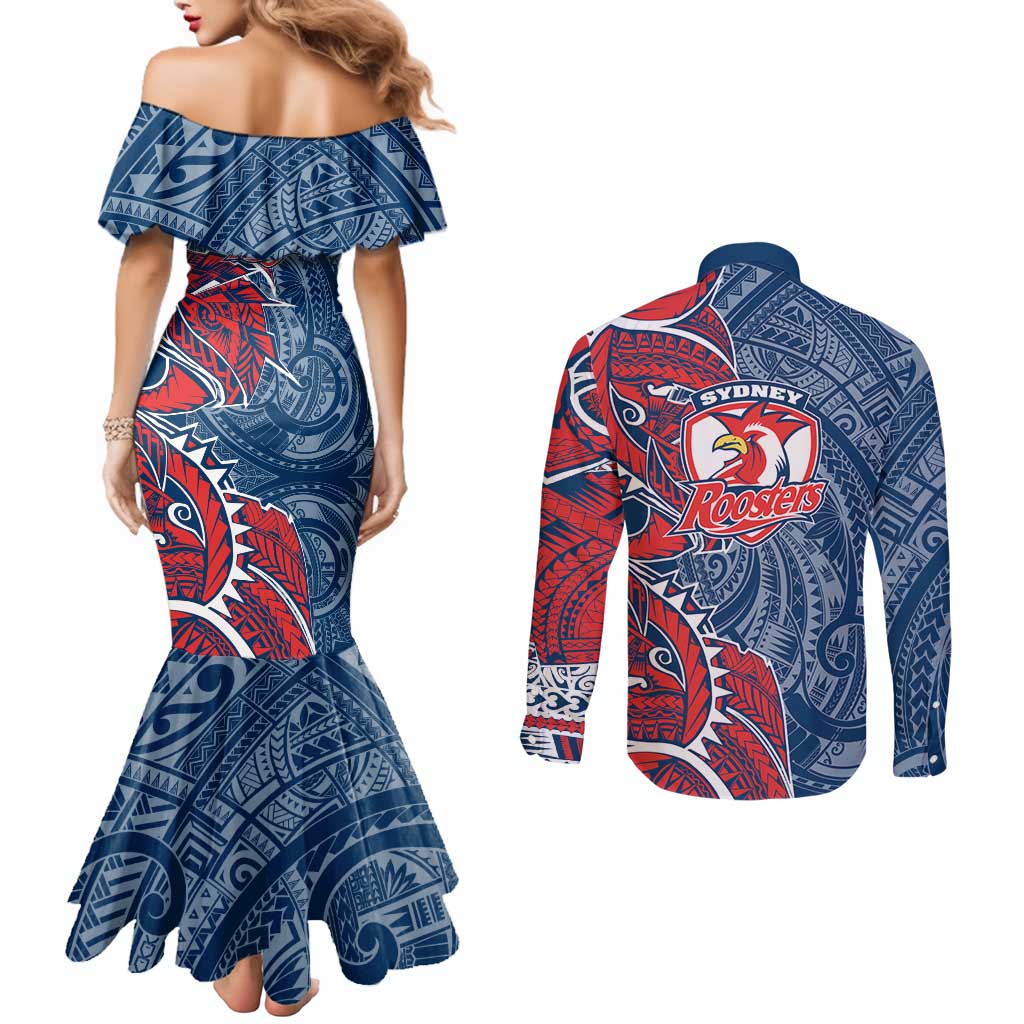 Sydney Roosters Couples Matching Mermaid Dress and Long Sleeve Button Shirt Polynesian Tribal Tattoo Pacific Sport Art