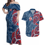 Sydney Roosters Couples Matching Off Shoulder Maxi Dress and Hawaiian Shirt Polynesian Tribal Tattoo Pacific Sport Art