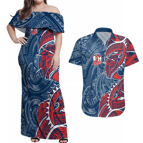 Sydney Roosters Couples Matching Off Shoulder Maxi Dress and Hawaiian Shirt Polynesian Tribal Tattoo Pacific Sport Art