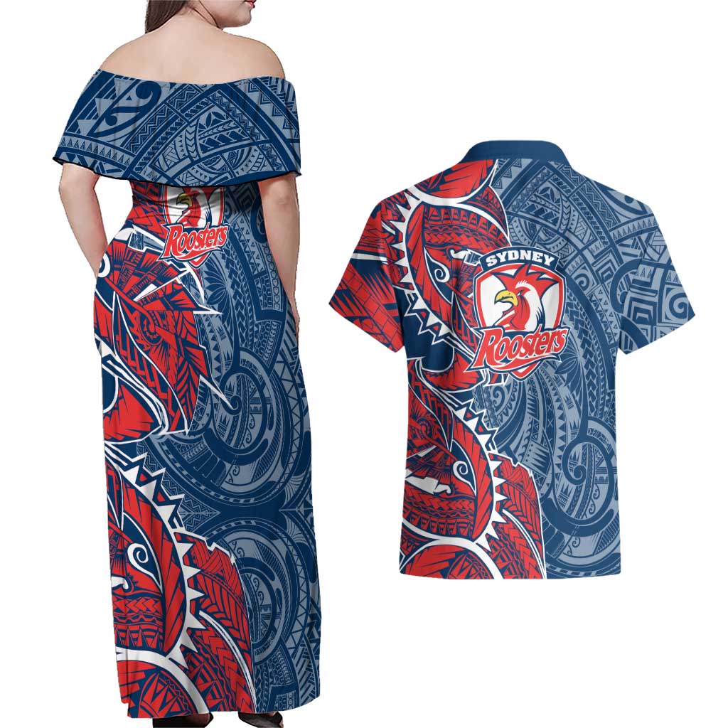 Sydney Roosters Couples Matching Off Shoulder Maxi Dress and Hawaiian Shirt Polynesian Tribal Tattoo Pacific Sport Art