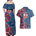 Sydney Roosters Couples Matching Off Shoulder Maxi Dress and Hawaiian Shirt Polynesian Tribal Tattoo Pacific Sport Art