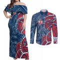 Sydney Roosters Couples Matching Off Shoulder Maxi Dress and Long Sleeve Button Shirt Polynesian Tribal Tattoo Pacific Sport Art