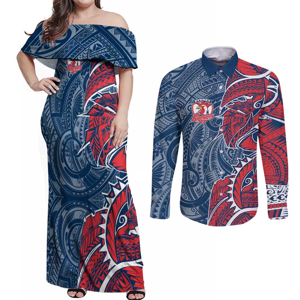 Sydney Roosters Couples Matching Off Shoulder Maxi Dress and Long Sleeve Button Shirt Polynesian Tribal Tattoo Pacific Sport Art