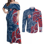 Sydney Roosters Couples Matching Off Shoulder Maxi Dress and Long Sleeve Button Shirt Polynesian Tribal Tattoo Pacific Sport Art