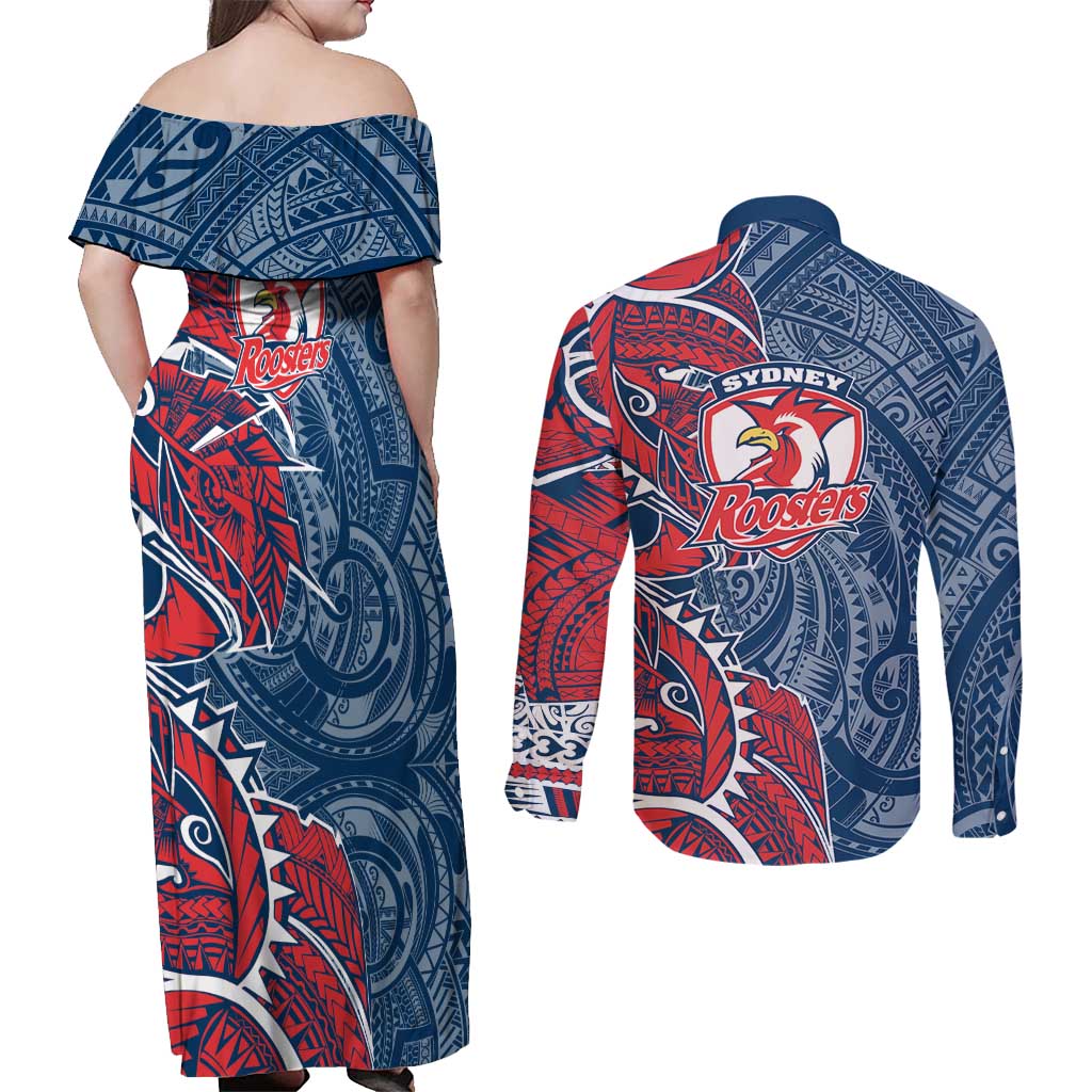 Sydney Roosters Couples Matching Off Shoulder Maxi Dress and Long Sleeve Button Shirt Polynesian Tribal Tattoo Pacific Sport Art