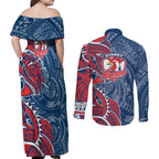 Sydney Roosters Couples Matching Off Shoulder Maxi Dress and Long Sleeve Button Shirt Polynesian Tribal Tattoo Pacific Sport Art