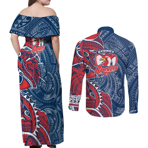 Sydney Roosters Couples Matching Off Shoulder Maxi Dress and Long Sleeve Button Shirt Polynesian Tribal Tattoo Pacific Sport Art