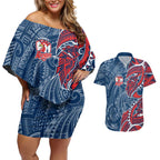 Sydney Roosters Couples Matching Off Shoulder Short Dress and Hawaiian Shirt Polynesian Tribal Tattoo Pacific Sport Art