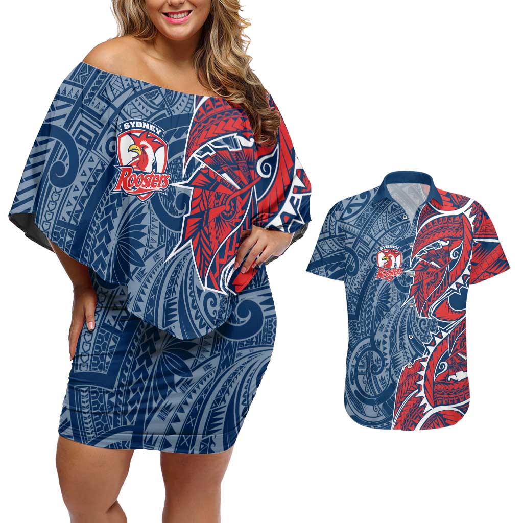 Sydney Roosters Couples Matching Off Shoulder Short Dress and Hawaiian Shirt Polynesian Tribal Tattoo Pacific Sport Art