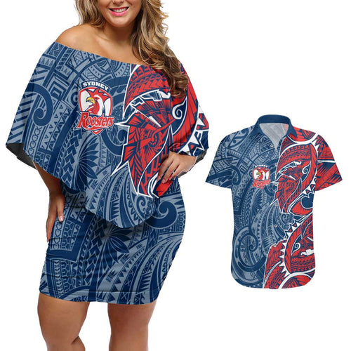 Sydney Roosters Couples Matching Off Shoulder Short Dress and Hawaiian Shirt Polynesian Tribal Tattoo Pacific Sport Art