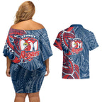 Sydney Roosters Couples Matching Off Shoulder Short Dress and Hawaiian Shirt Polynesian Tribal Tattoo Pacific Sport Art