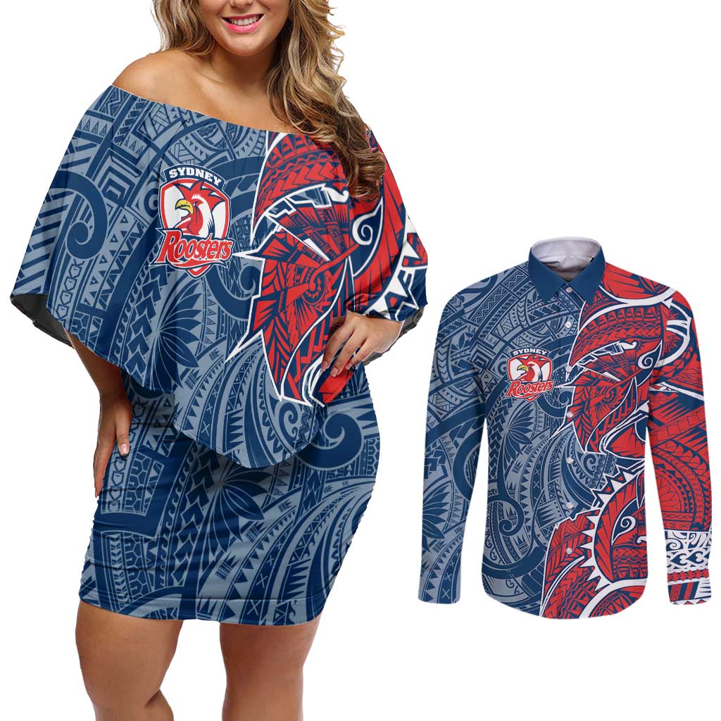 Sydney Roosters Couples Matching Off Shoulder Short Dress and Long Sleeve Button Shirt Polynesian Tribal Tattoo Pacific Sport Art