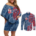 Sydney Roosters Couples Matching Off Shoulder Short Dress and Long Sleeve Button Shirt Polynesian Tribal Tattoo Pacific Sport Art