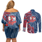 Sydney Roosters Couples Matching Off Shoulder Short Dress and Long Sleeve Button Shirt Polynesian Tribal Tattoo Pacific Sport Art