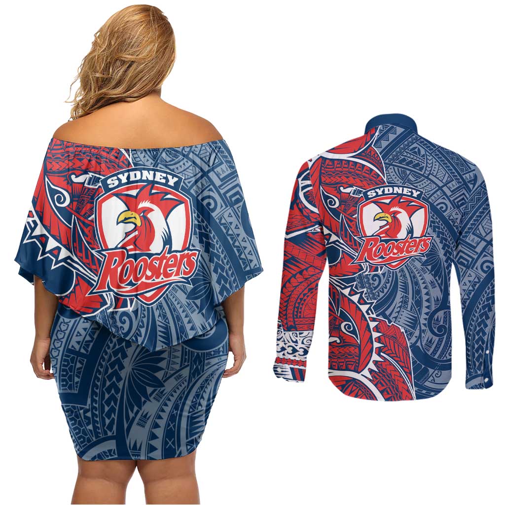 Sydney Roosters Couples Matching Off Shoulder Short Dress and Long Sleeve Button Shirt Polynesian Tribal Tattoo Pacific Sport Art